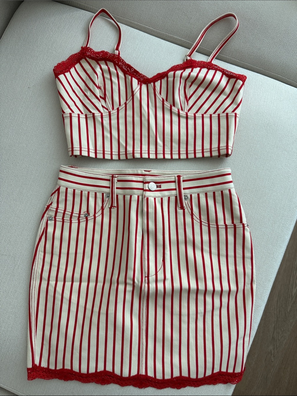 OPENING CEREMONY Red & Cream Striped Crop Top and Skirt Set